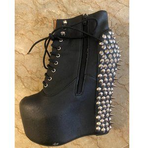Jeffrey Campbell Leather Black Wedge Platform Boots with Silver Studs